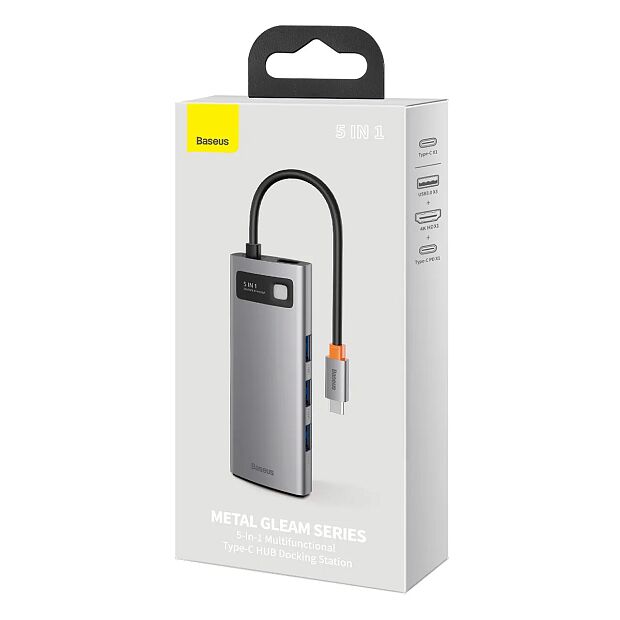 Переходник BASEUS Metal Gleam Series 5-in-1, Разветвитель, Type-C - USB3.0  PD  4K HD, серый - 5