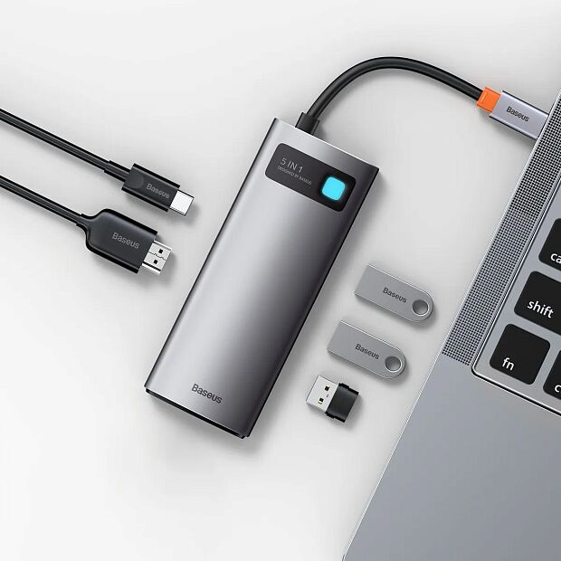 Переходник BASEUS Metal Gleam Series 5-in-1, Разветвитель, Type-C - USB3.0  PD  4K HD, серый - 3